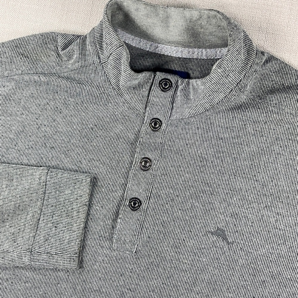 Tommy Bahama Pullover Men XL Gray Striped Mock Neck 4-Snap Henley Marlin Logo